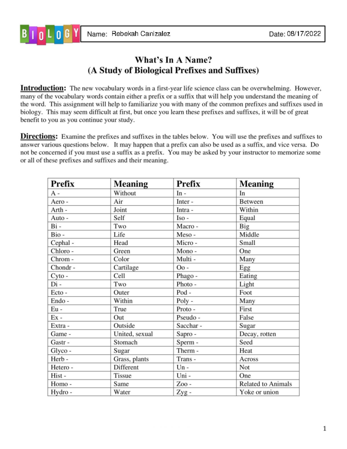Rebekah Canizalez - Biology Prefixes and Suffixes Worksheet - ENC1101 ...