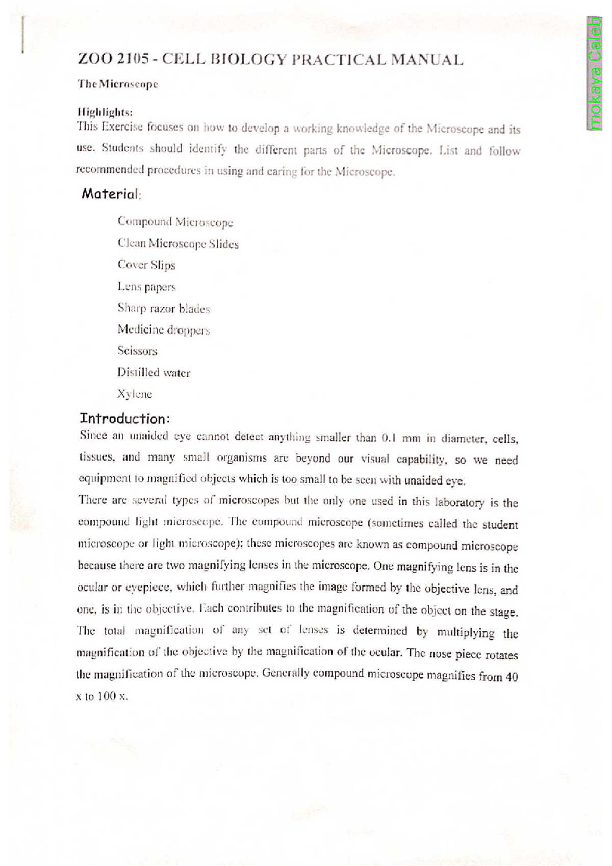 200 2105 CELL BIOLOGY PRACTICAL MANUAL: Microscope Techniques - Studocu