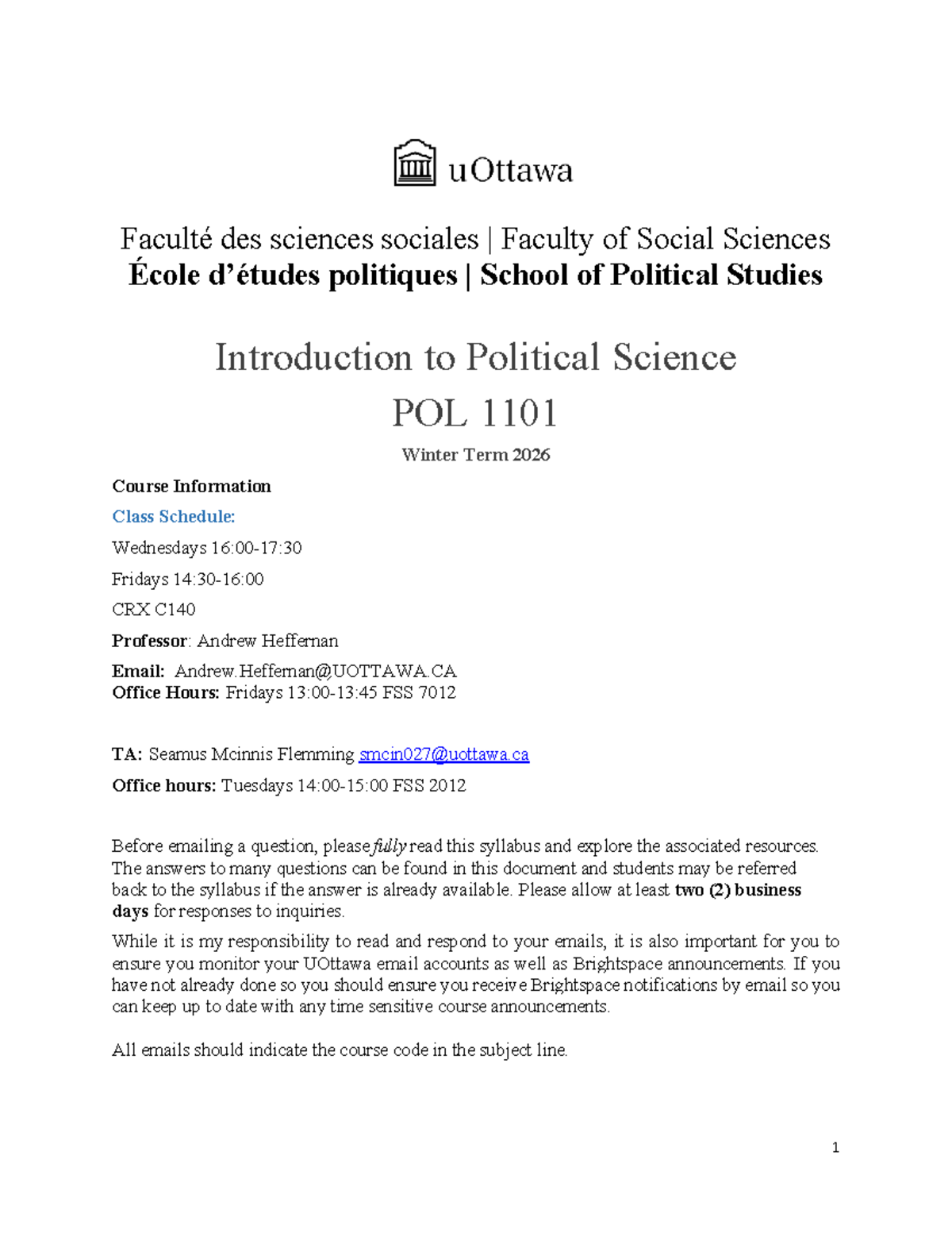 POL 1101 Winter 2026 - Introduction to Political Science Syllabus - Studocu