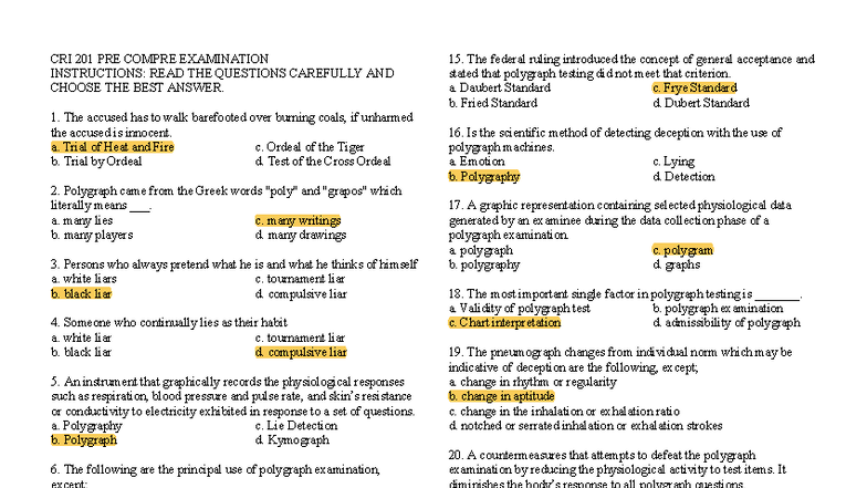 CRI 201 PRE COMPRE EXAMINATION: POLYGRAPH AND DECEPTION QUESTIONS - Studocu