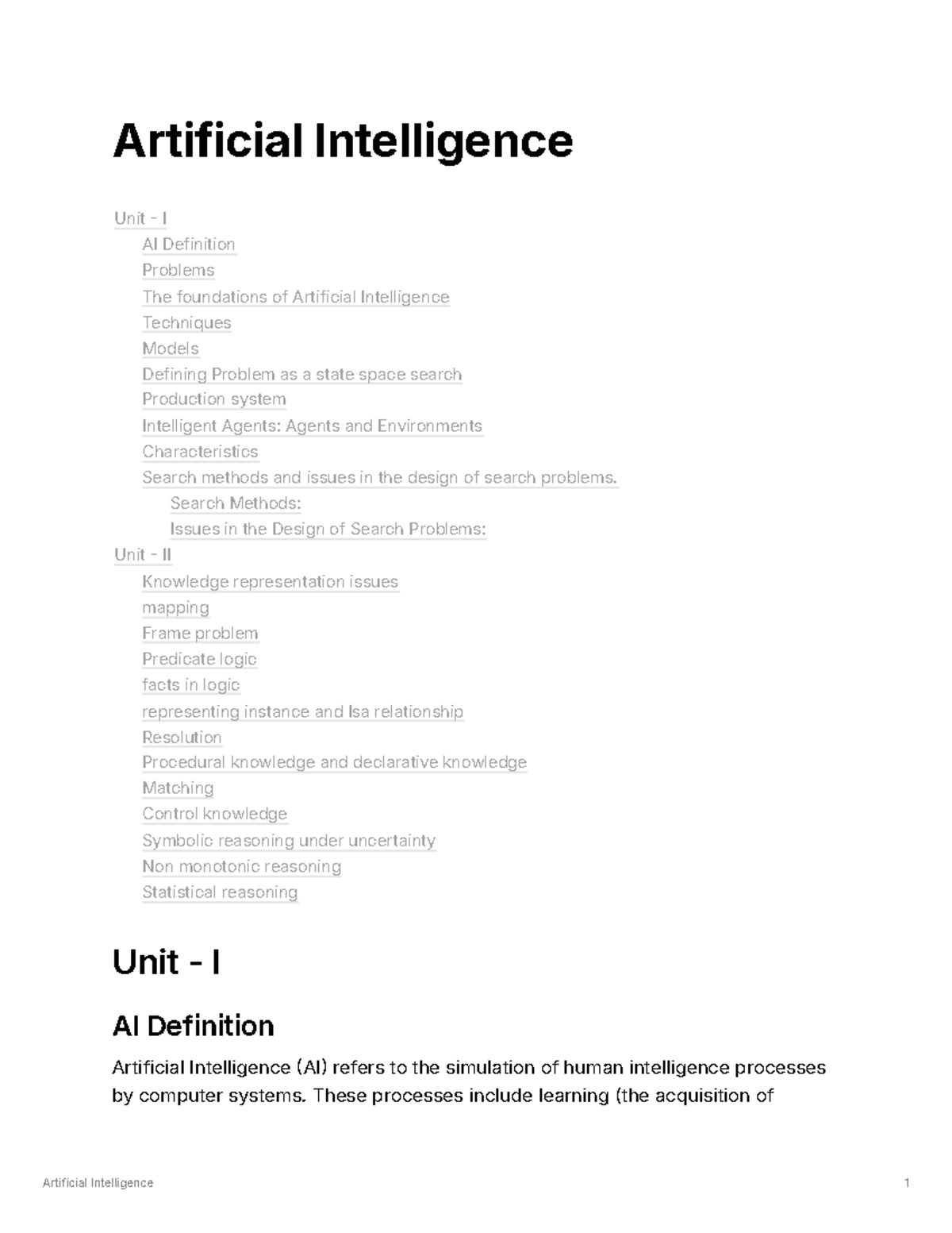 AI Midsem Notes (Complete) - Artificial Intelligence Unit - I AI ...