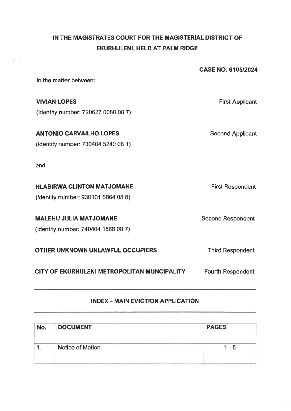 L270 - Main Eviction Application Court Bundle Index for Ekurhuleni Case ...
