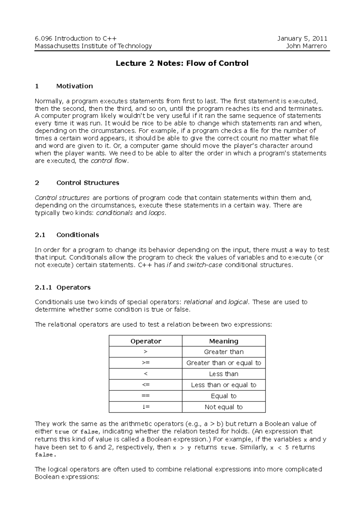 6.096 Lecture 2 Notes: Flow of Control Concepts in C++ - Studocu