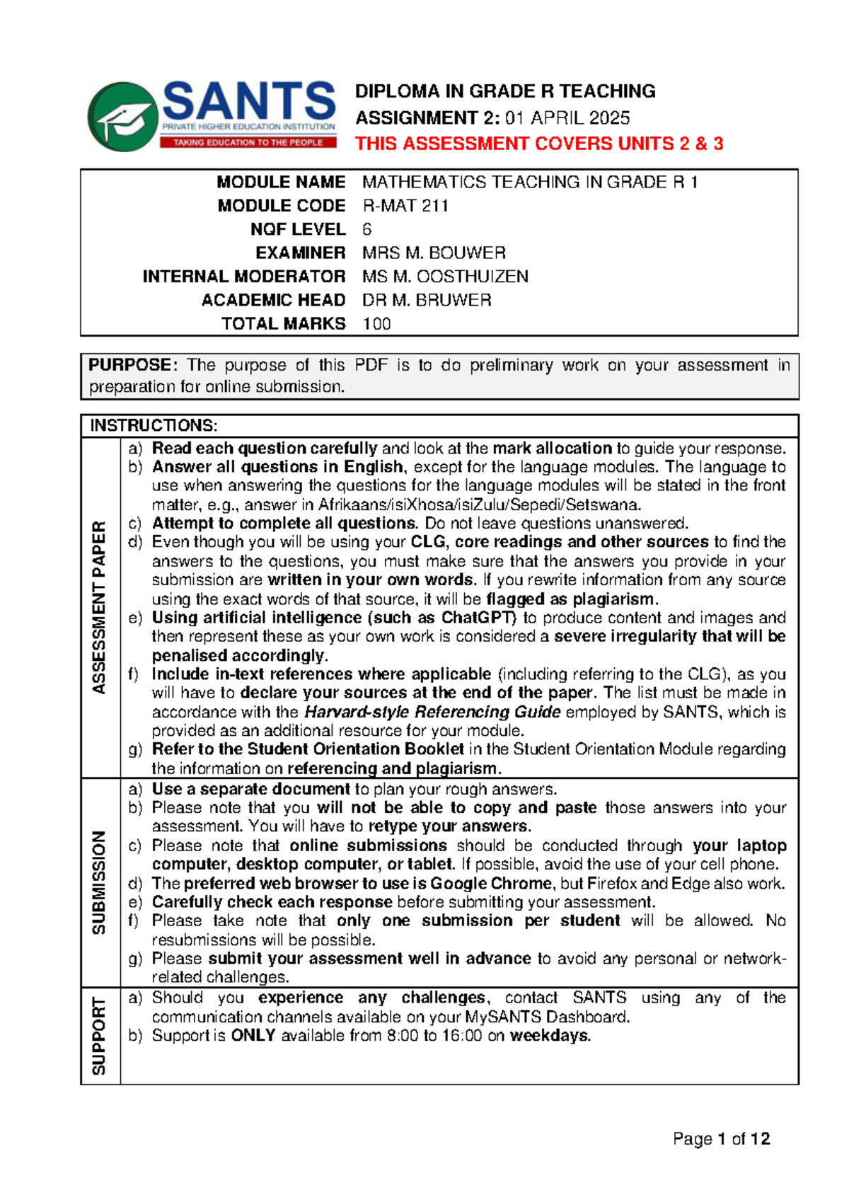 R-MAT 211 Assignment 2: Mathematics Teaching in Grade R - Studocu
