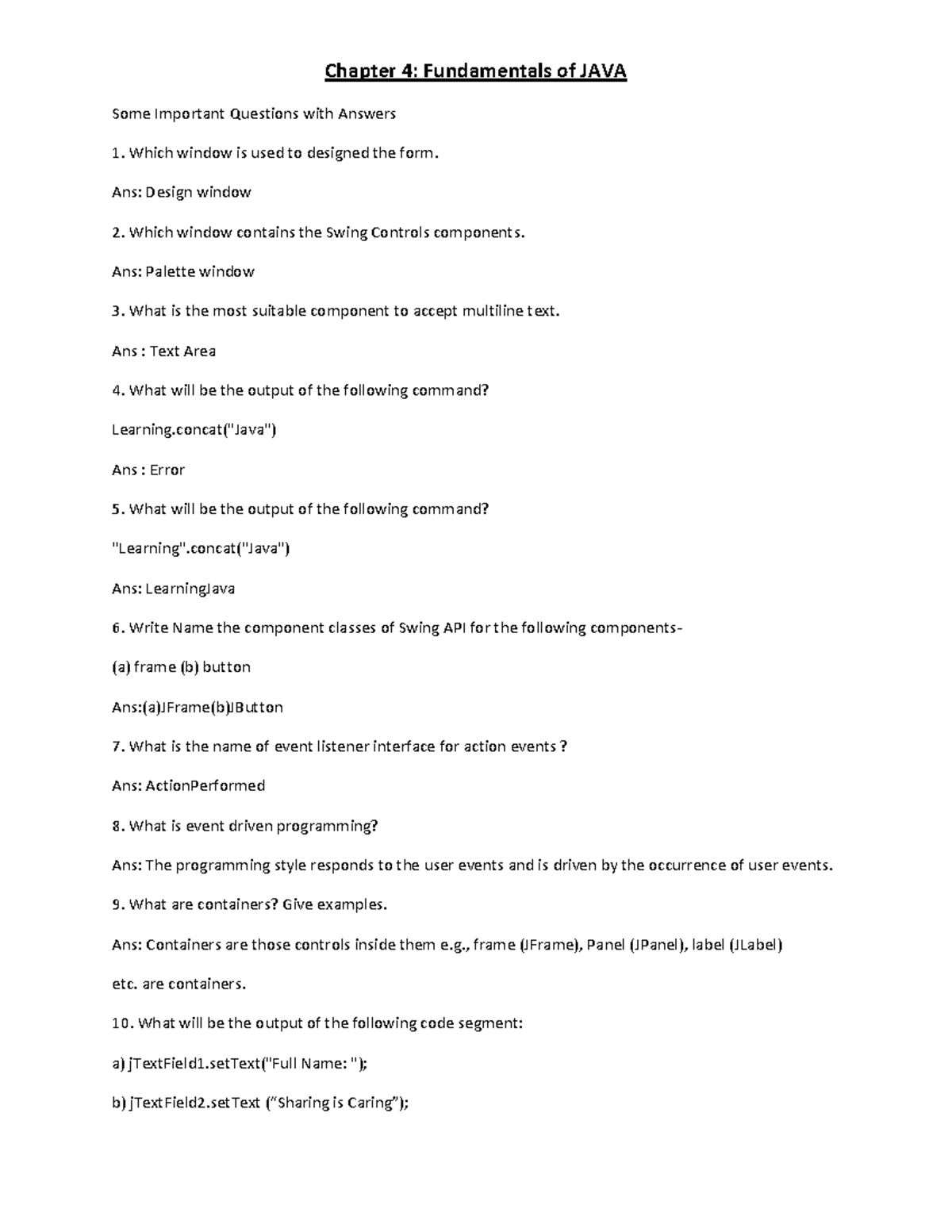 Chapter 4 - JAVA Fundamentals Questions & Answers (Not Required) - Studocu