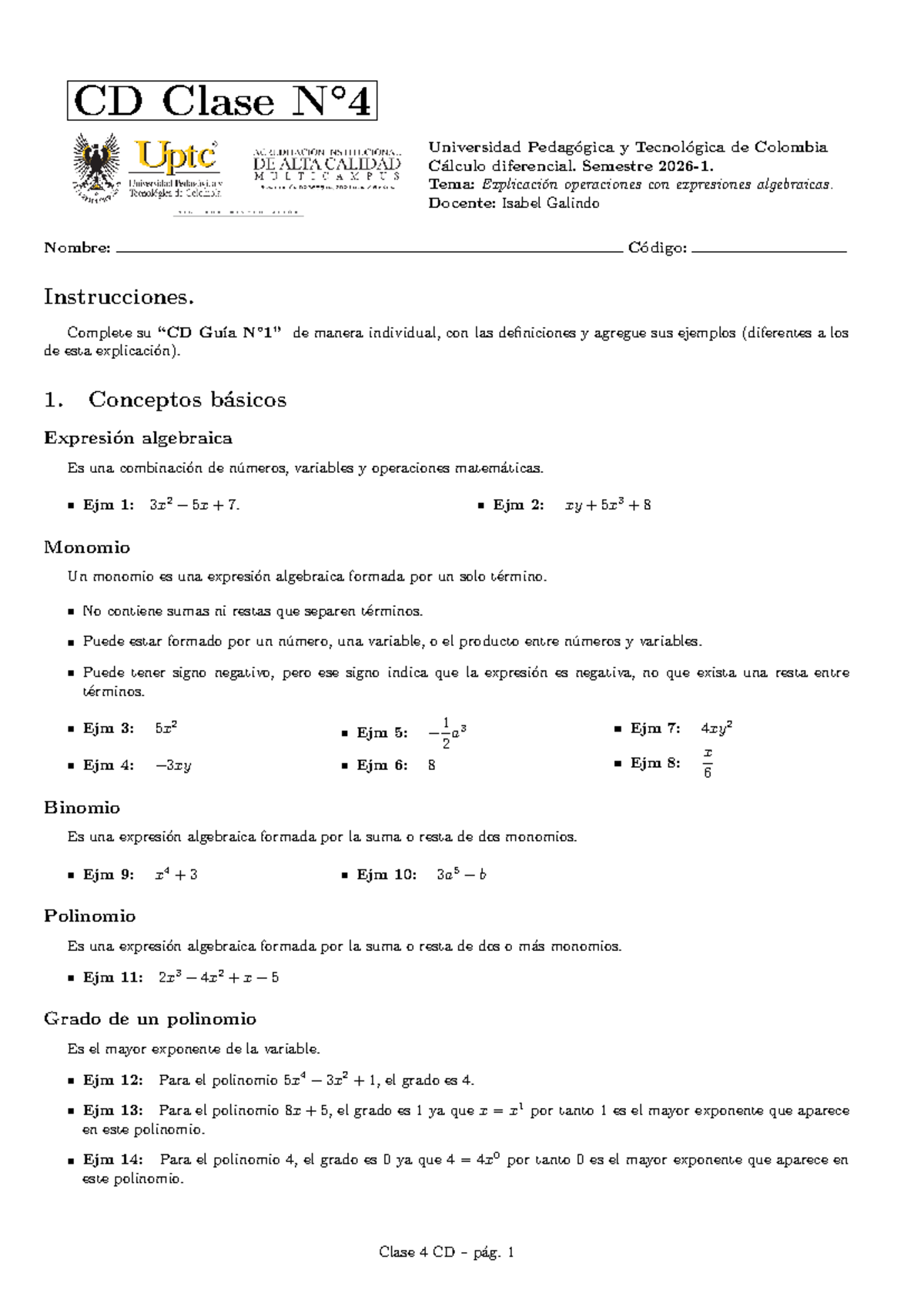 Clase 4 CD: Operaciones con Expresiones Algebraicas en Cálculo ...