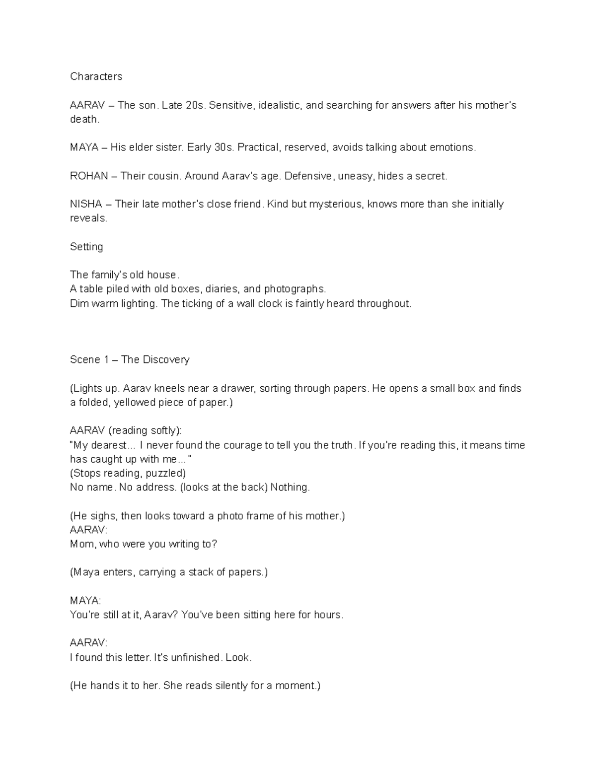 Drama Script: Unfinished Letters - AARAV, MAYA, ROHAN, NISHA - Studocu