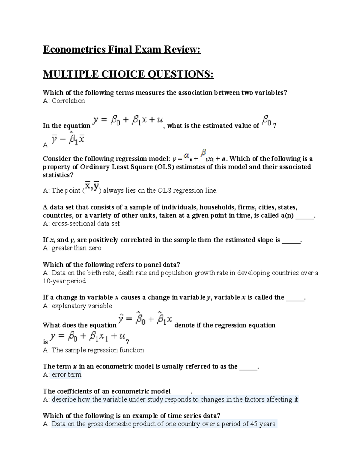 Econometrics C123 Final Exam Review: Multiple Choice Questions Guide ...