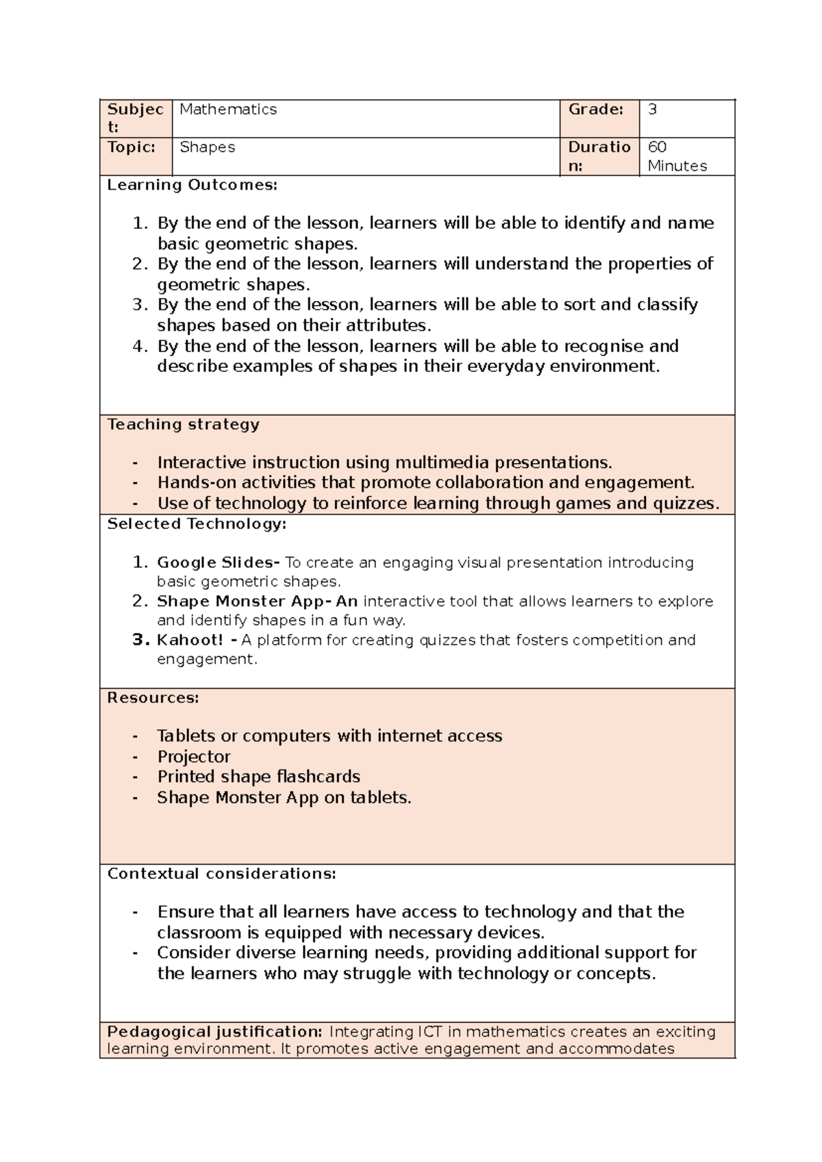 ICTC ICT Lesson Plan: Engaging Grade 3 Shapes Activity - Studocu
