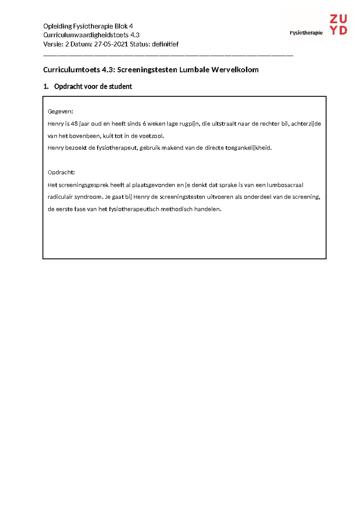 CCVH 4.3 Screeningstesten Lumbale Wervelkolom - Fysiotherapie Blok 4 ...
