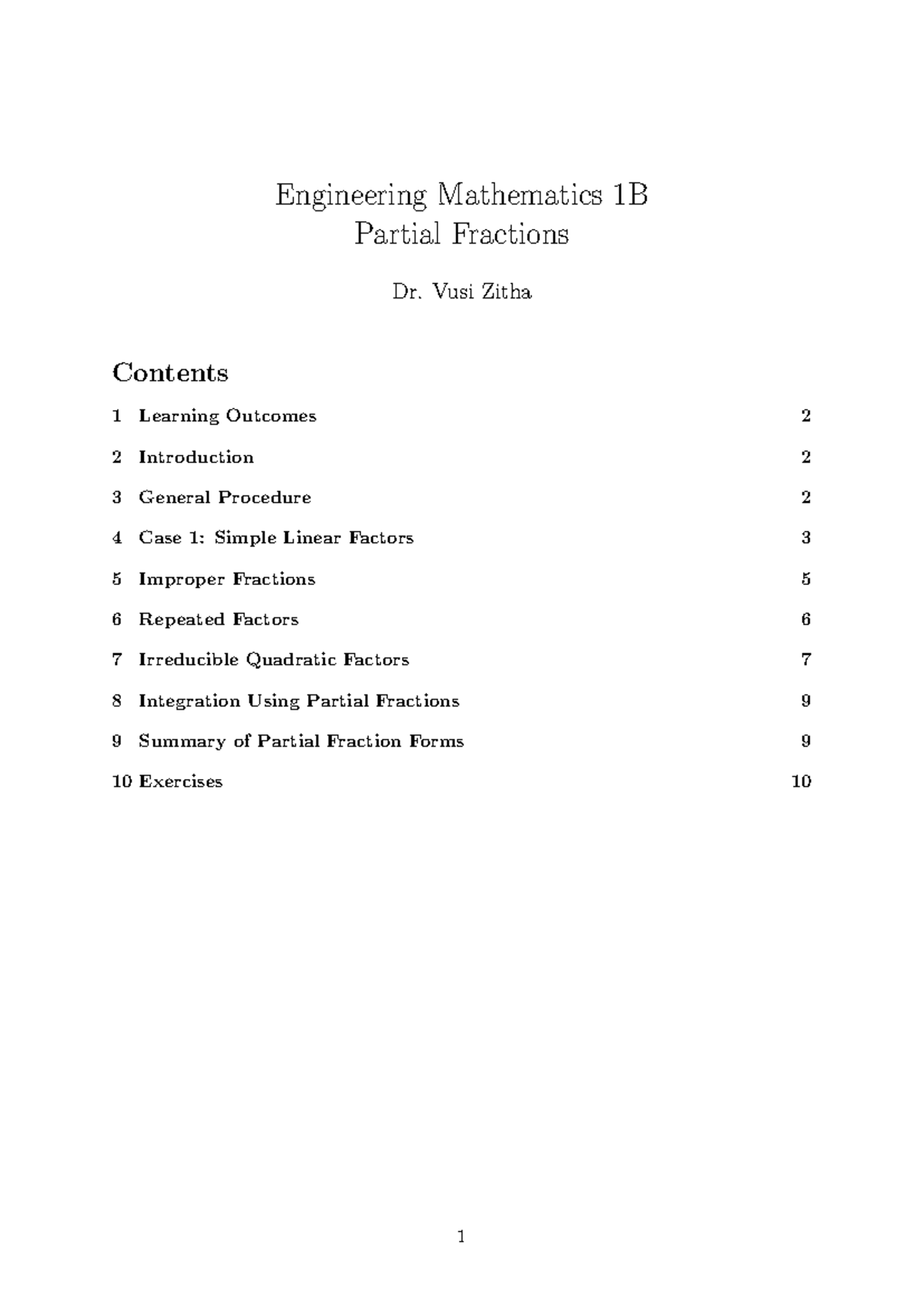 Engineering Mathematics 1B: Partial Fractions Overview and Exercises ...