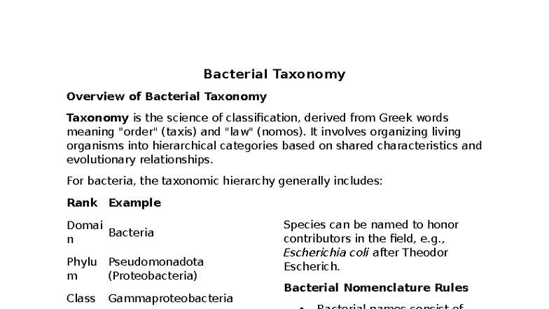 Bacterial Taxonomy Overview - Notes for BIO 101 - Studocu