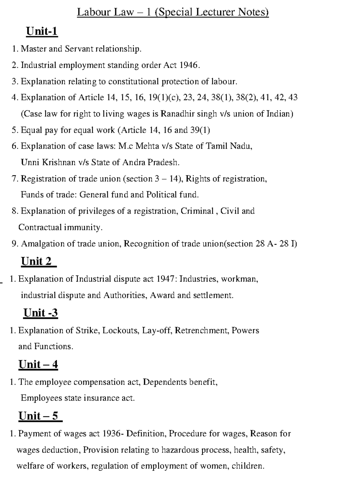 Labour Law 1 and Family law 2 special leturer notes - Labour Law – 1 ...