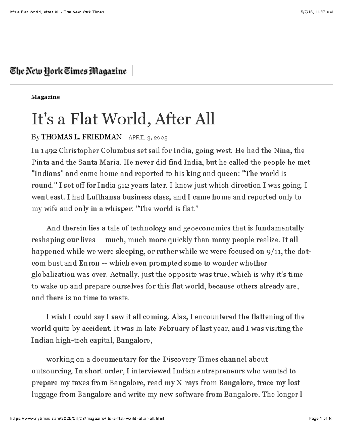 Globalization Framework: Insights from "It's a Flat World" Essay - Studocu
