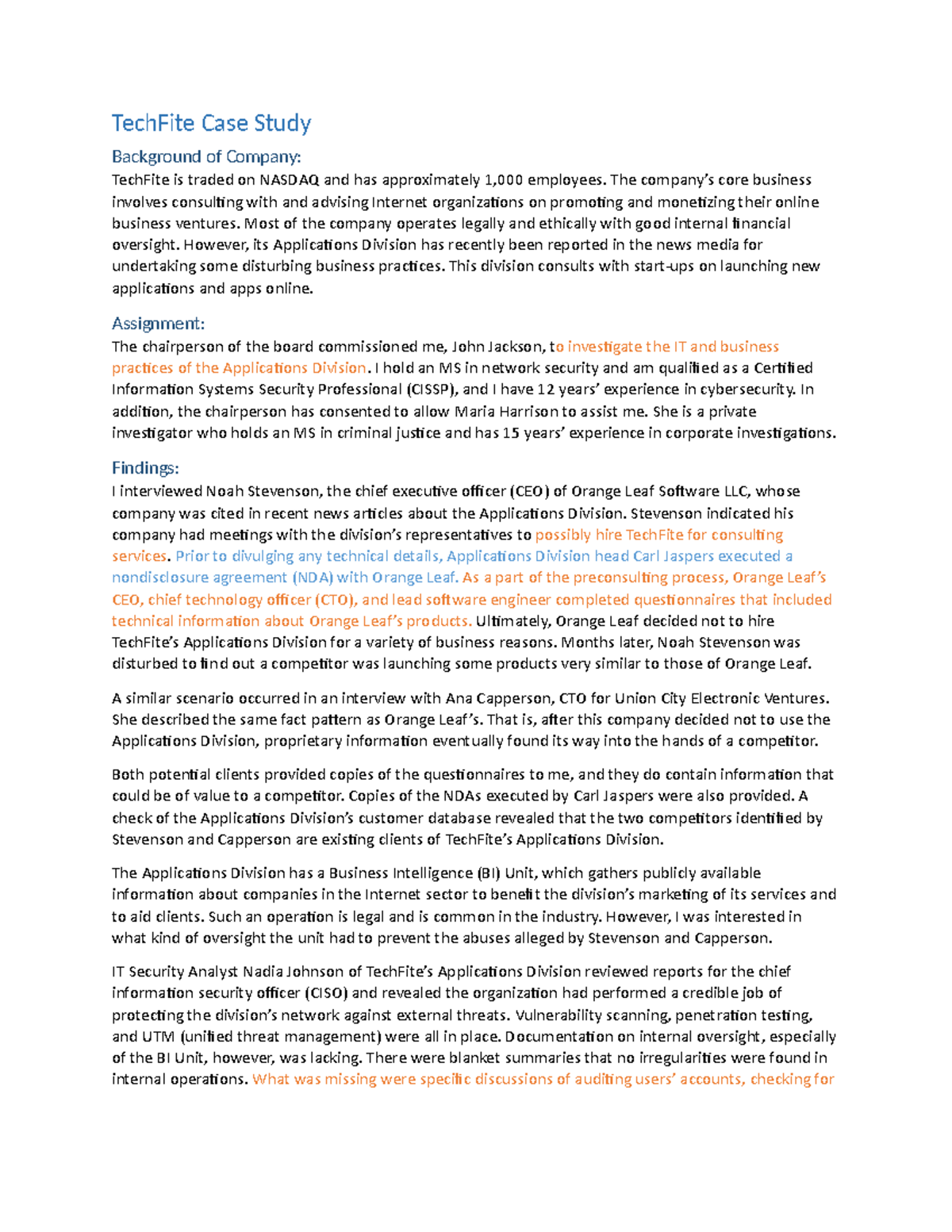 TechFite Case Study: Investigating Business Practices and Ethics - Studocu