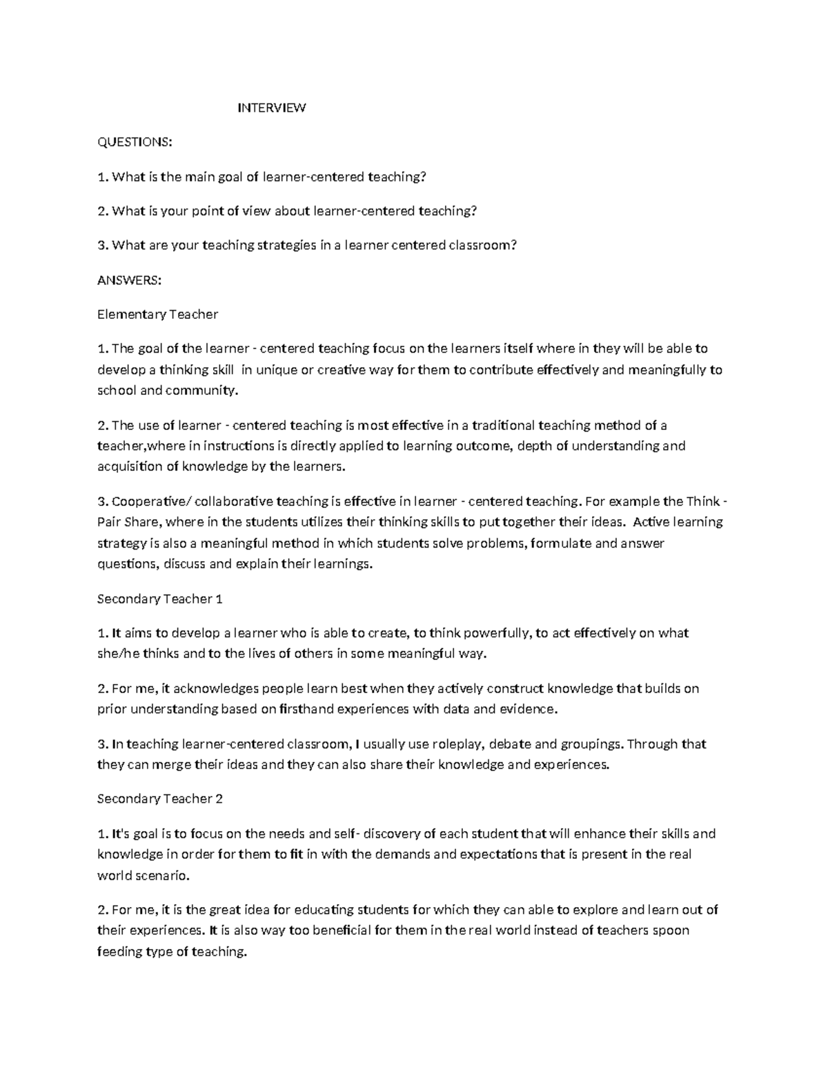 Interview Questions and Answers: Prof Ed 3 Insights on Teaching - Studocu