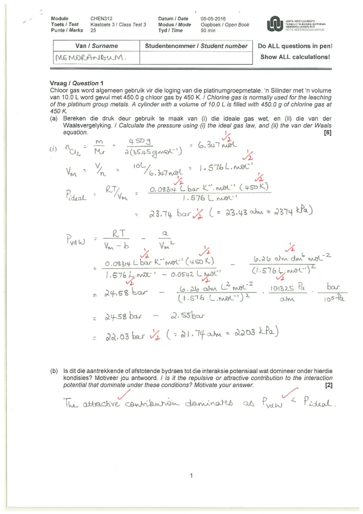 CHEN312 Class Test 3 Memo - Solutions and Explanations (2016) - Studocu
