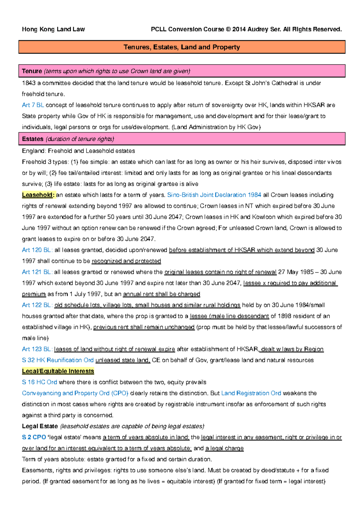HK Land Law Notes - Tenures, Estates, Land and Property Tenure (terms ...