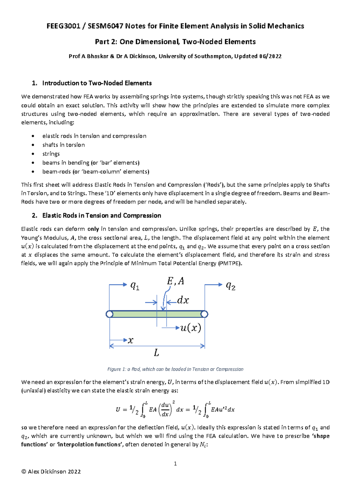 FEEG3001 SESM6047 Notes on 1D Finite Element Analysis: Elastic Rods ...