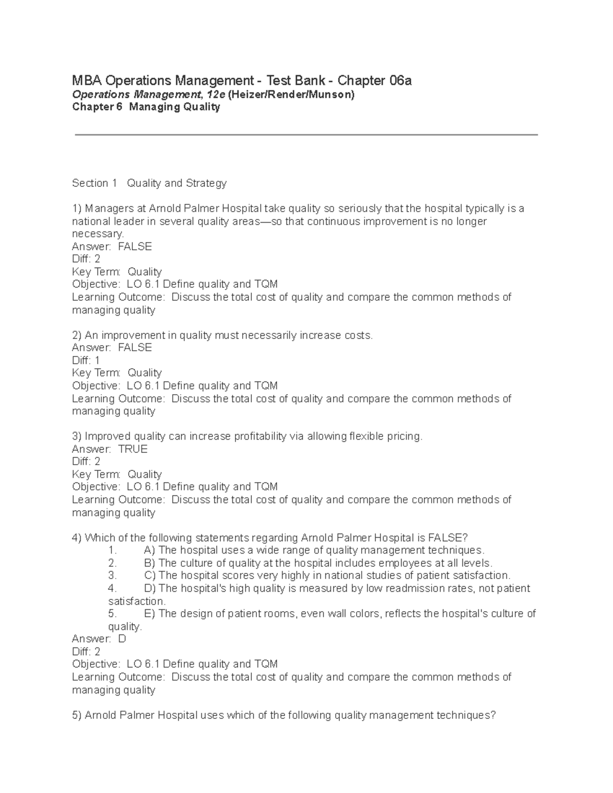 MBA Operations Management Test Bank: Chapter 6 - Managing Quality (12e ...