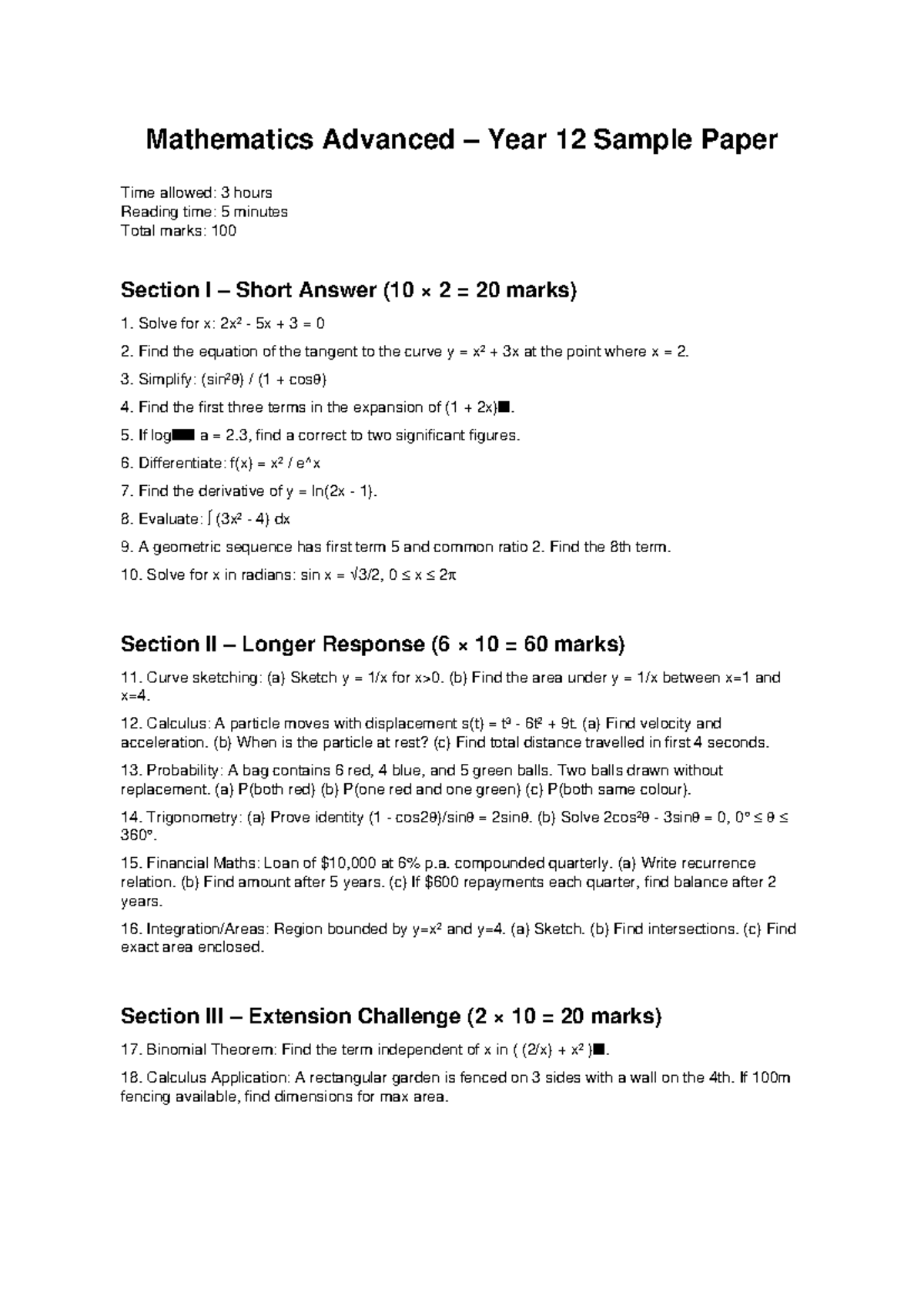 Mathematics Advanced Year 12 Sample Paper (3 Hours, 100 Marks) - Studocu