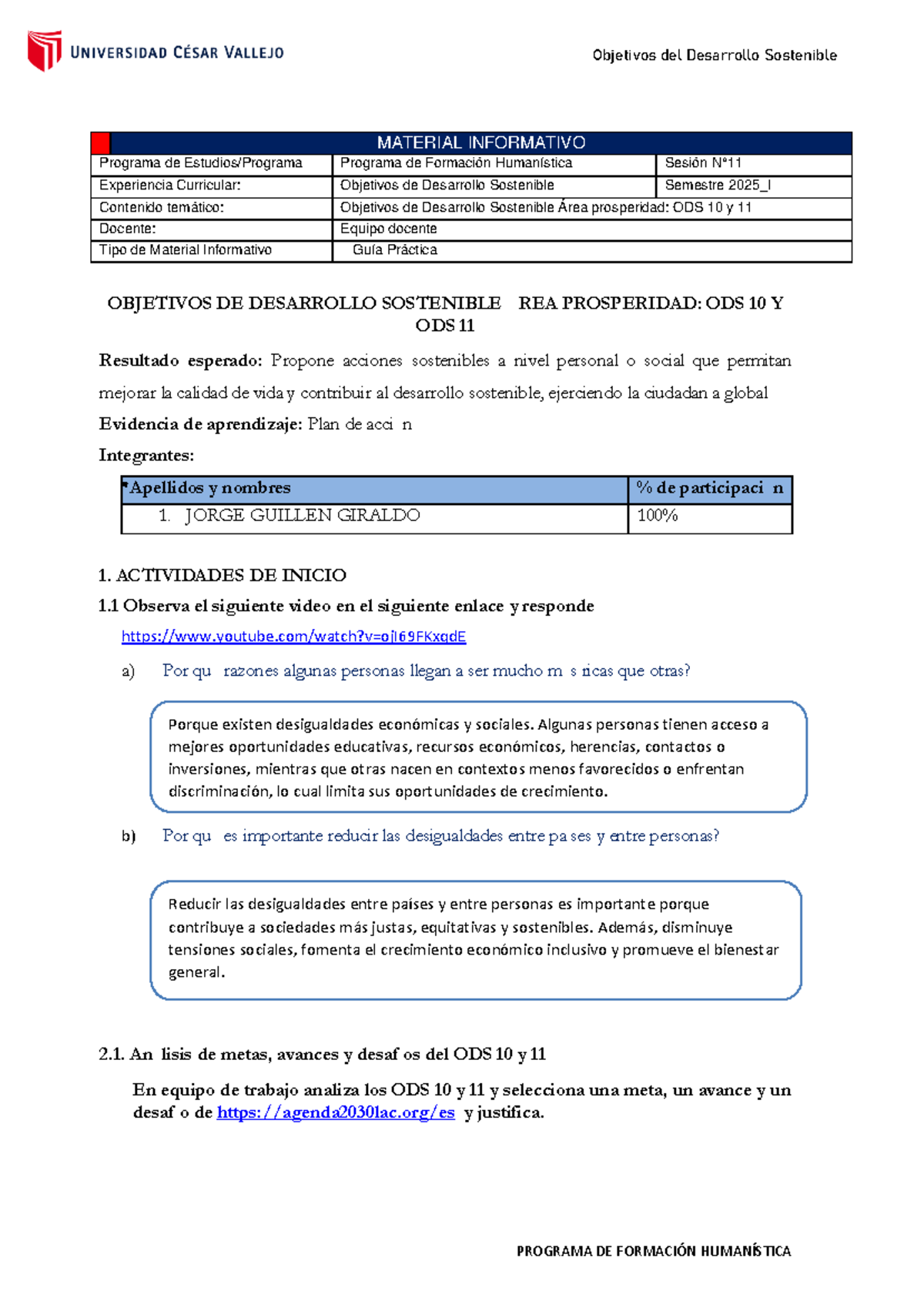 Guía Práctica N° 11: ODS 10 y 11 en Formación Humanística 2025 - Studocu