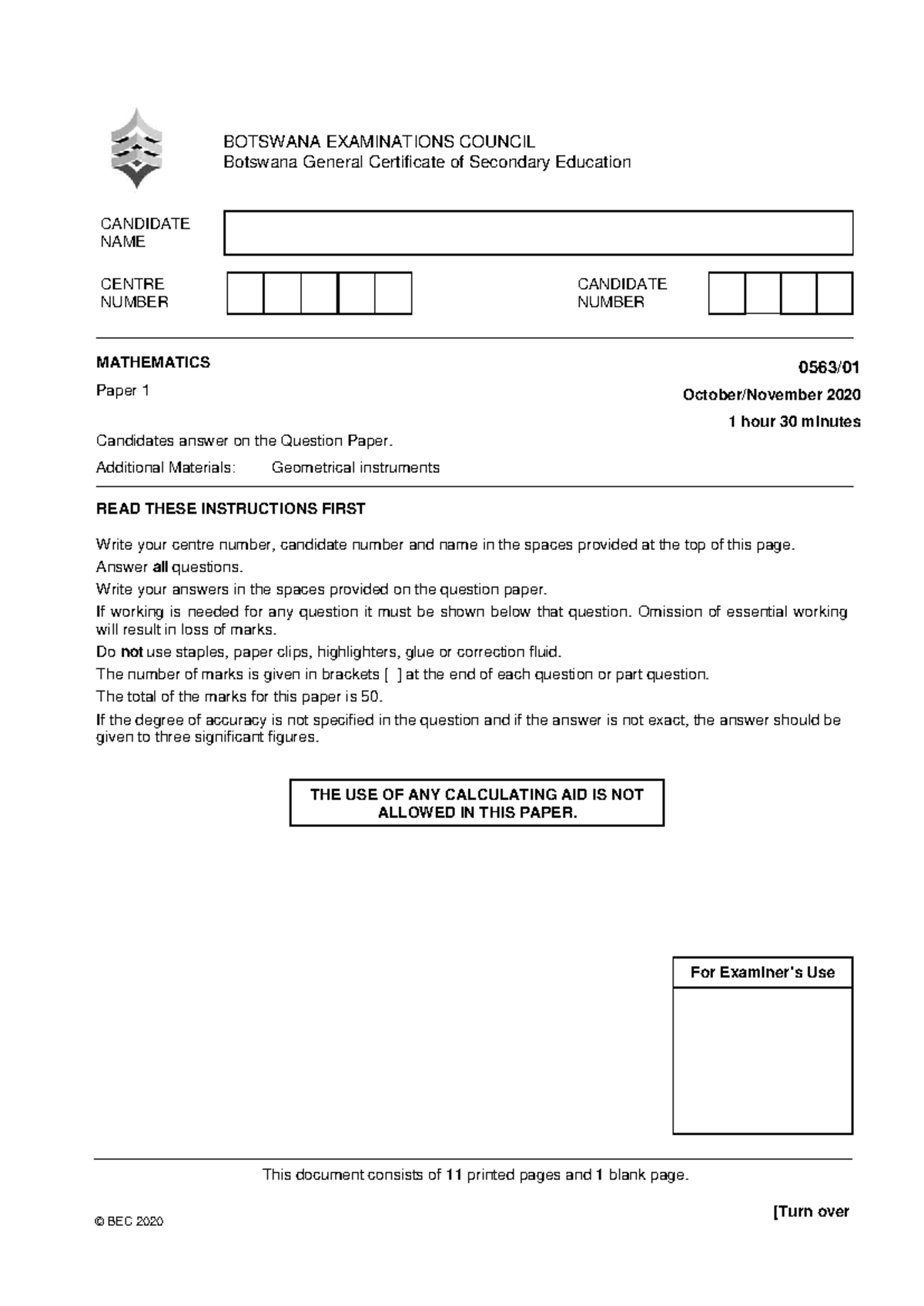 MATHEMATICS Paper 1 BEC 2020 Exam Questions and Instructions - Studocu