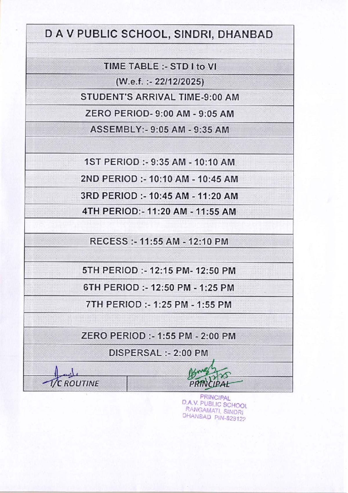 STD I TO STD VI time table 0001 - D A V PUBLIC SCHOOL, SINDRI, DHANBAD ...