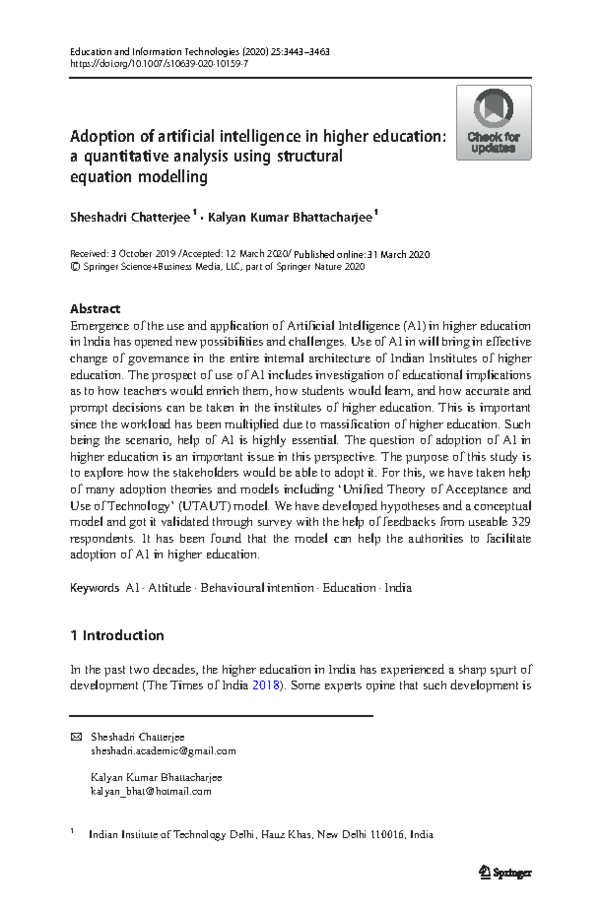 Adoption of AI in Higher Education: A Quantitative Analysis (2020 ...