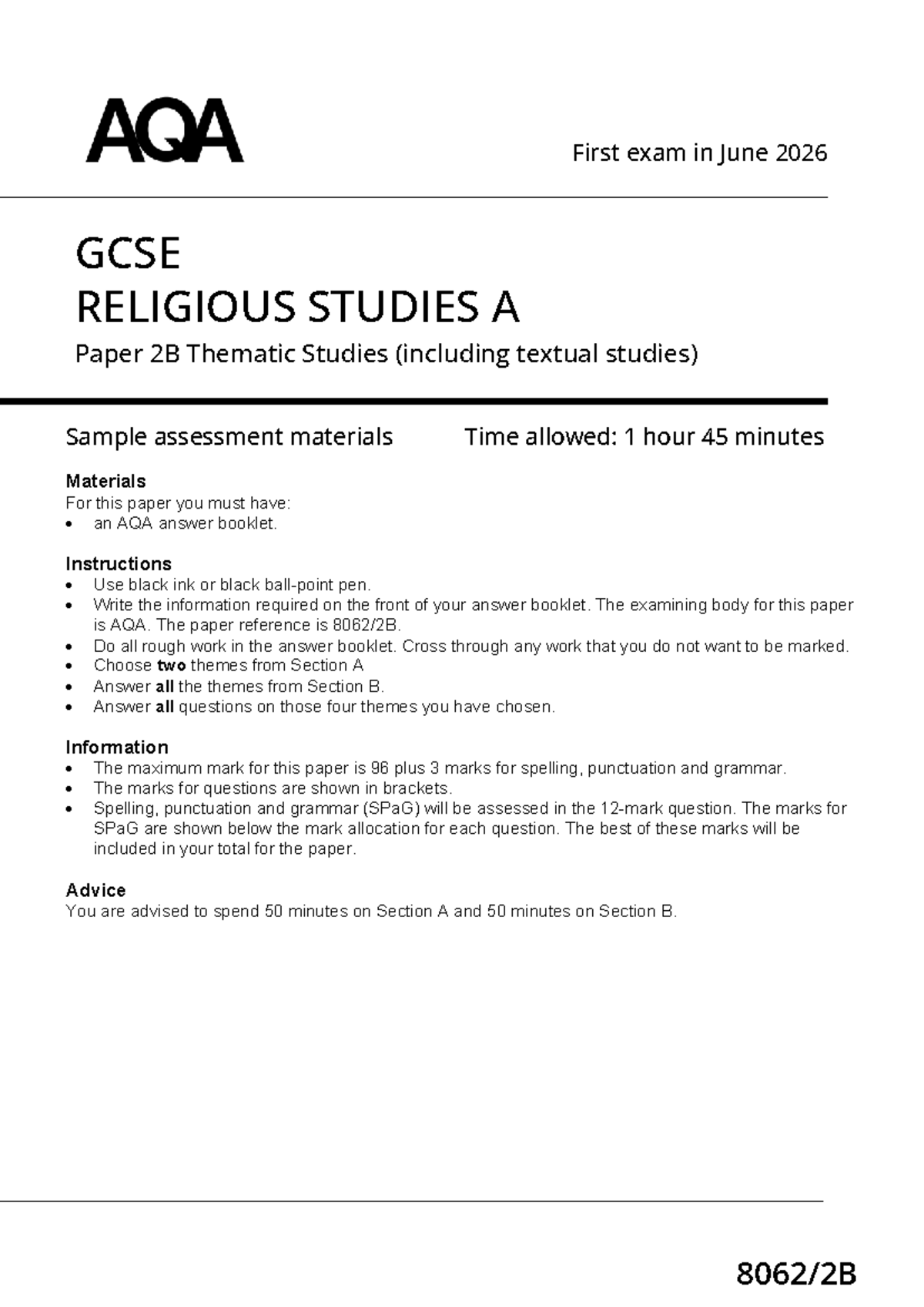 AQA 8062 2B GCSE Religious Studies Paper 2B Sample Exam June 2026 - Studocu