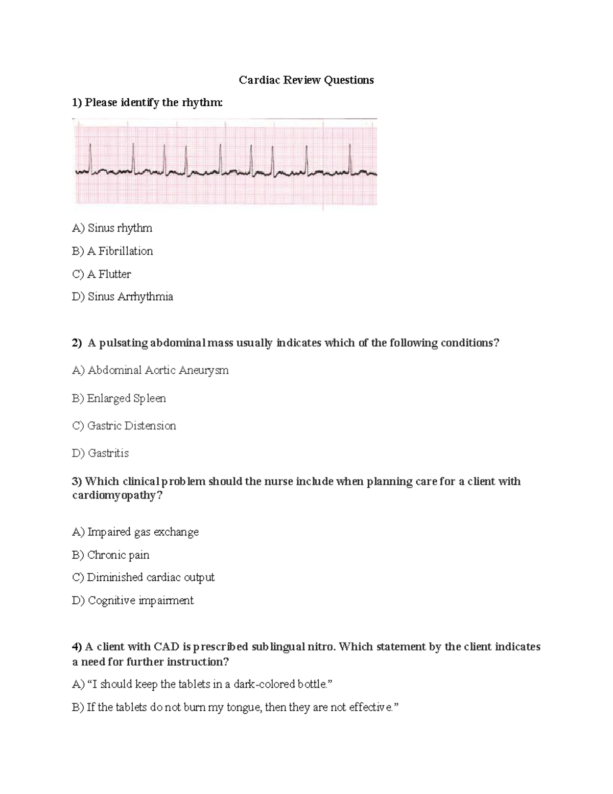 Cardiac Review Questions for Nursing Exam (NUR 101) - Studocu