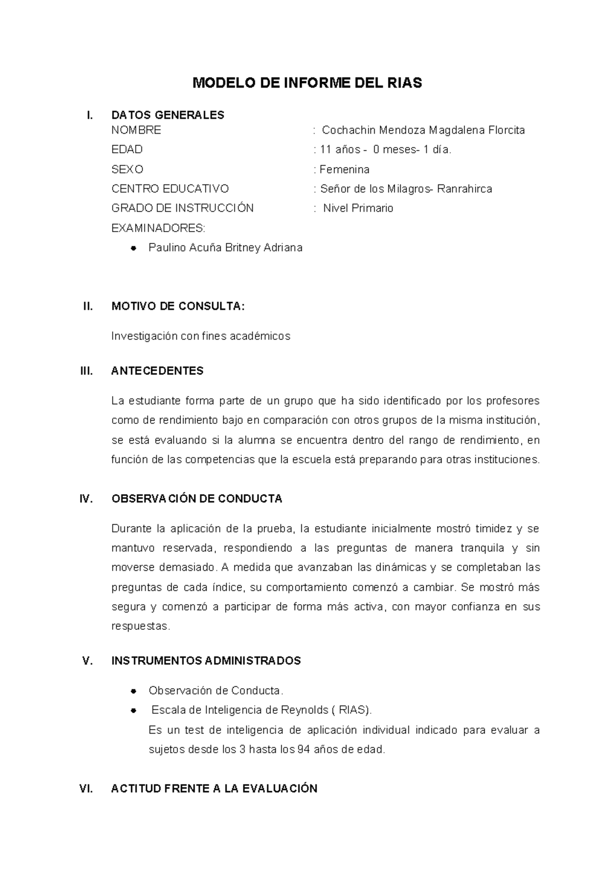 Modelo de Informe RIAS: Evaluación de Estudiante Primaria - Studocu