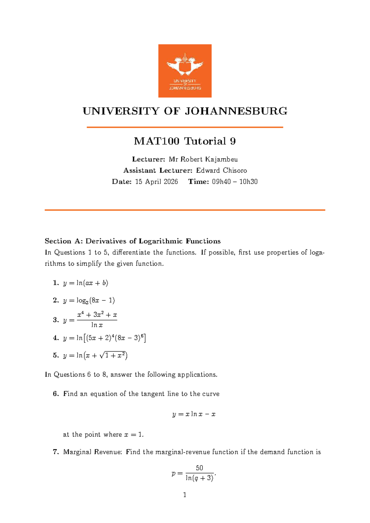 MAT100 Tutorial 9: Derivatives & Implicit Differentiation Notes - Studocu