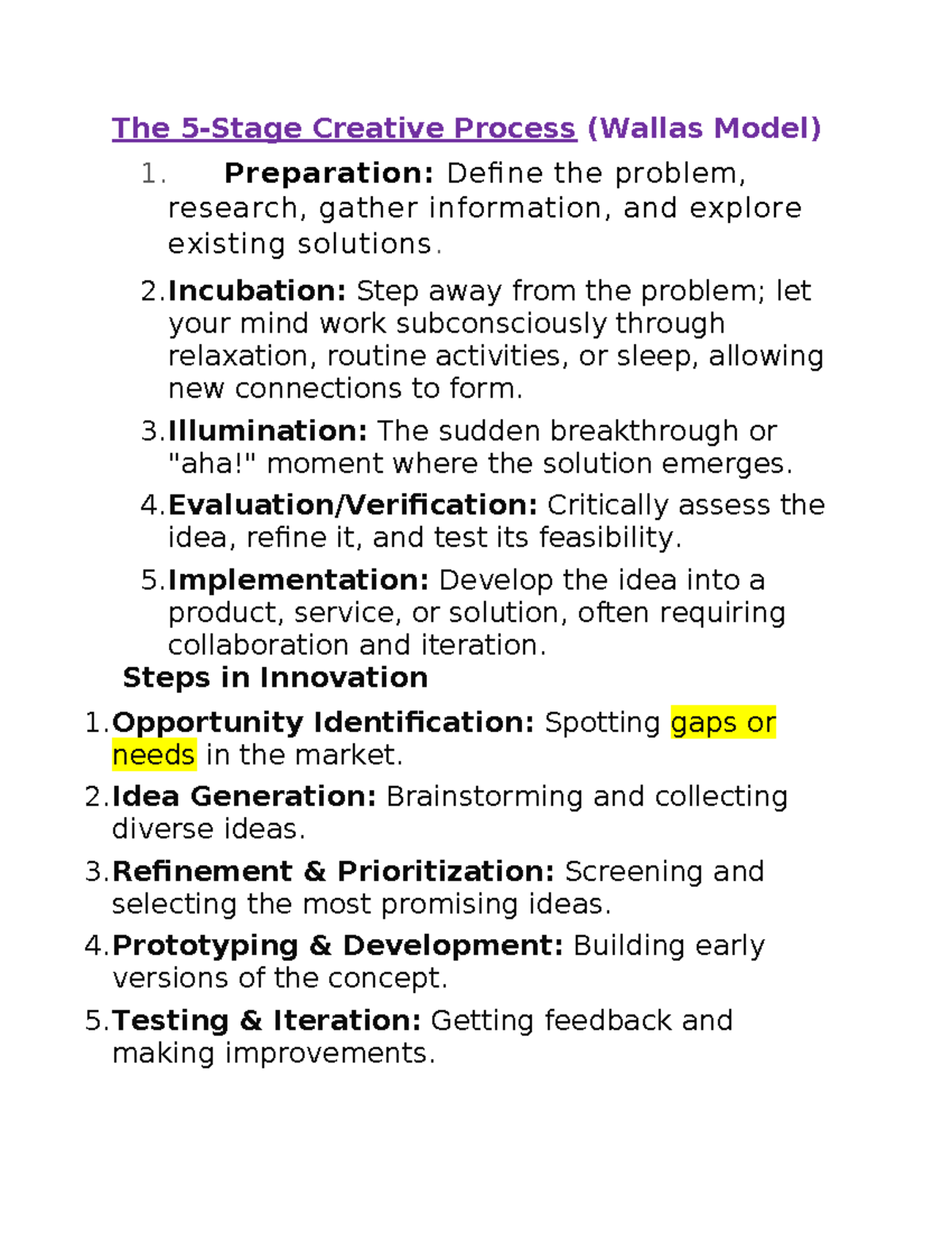 Creativity & Innovation Process: Wallas Model Overview - Studocu