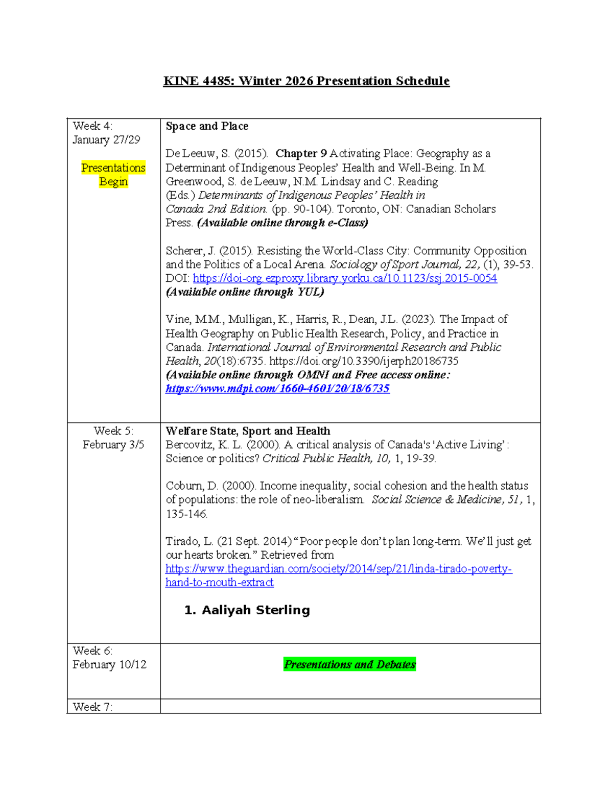 W26 KINE 4485: Winter 2026 Weekly Presentation Schedule - Studocu