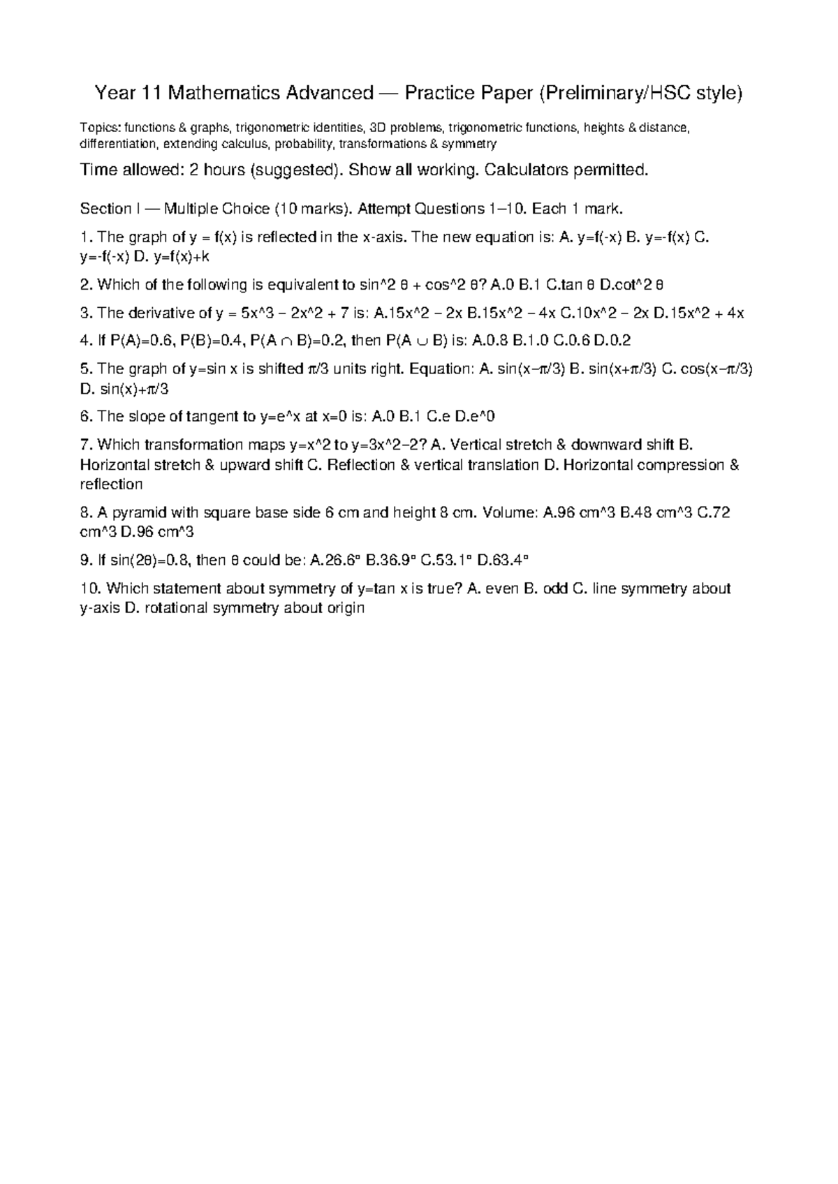 Year 11 Maths Adv. Practice Paper & Solutions (Functions, Trig, Calc ...