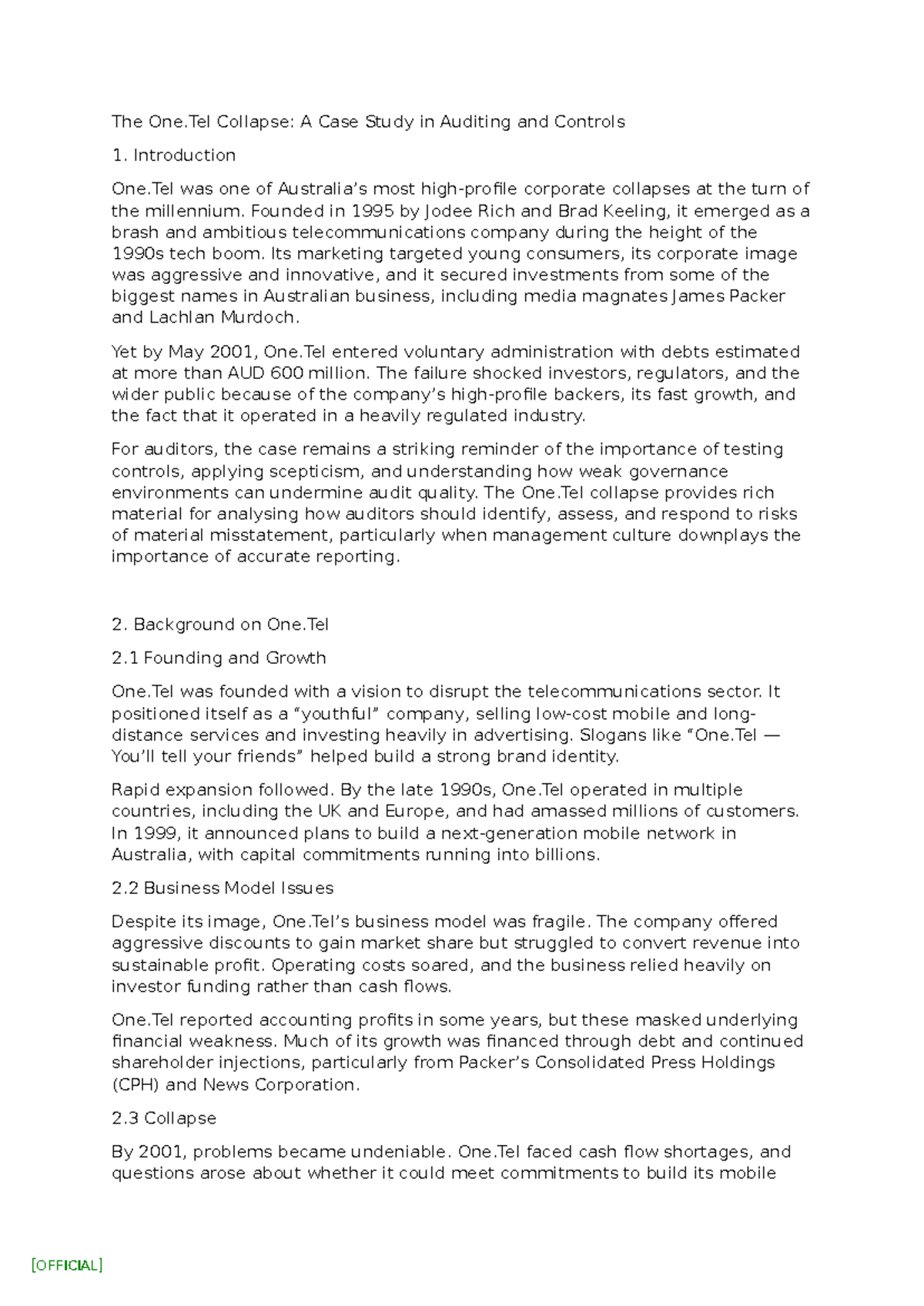 One.Tel Collapse: A Case Study in Auditing & Controls (AUD 1) - Studocu