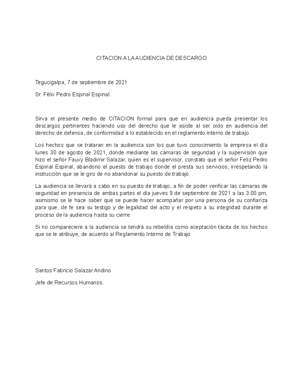 Citacion y Acta de Audiencia de Descargo - Félix Pedro Espinal - Document Preview
