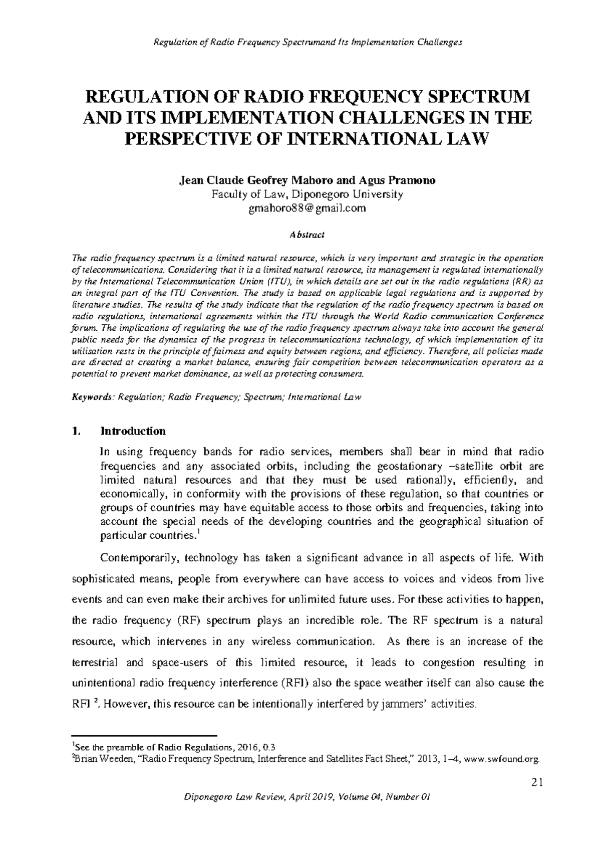 Regulation of Radio Frequency Spectrum: Challenges in Int'l Law (LAW ...