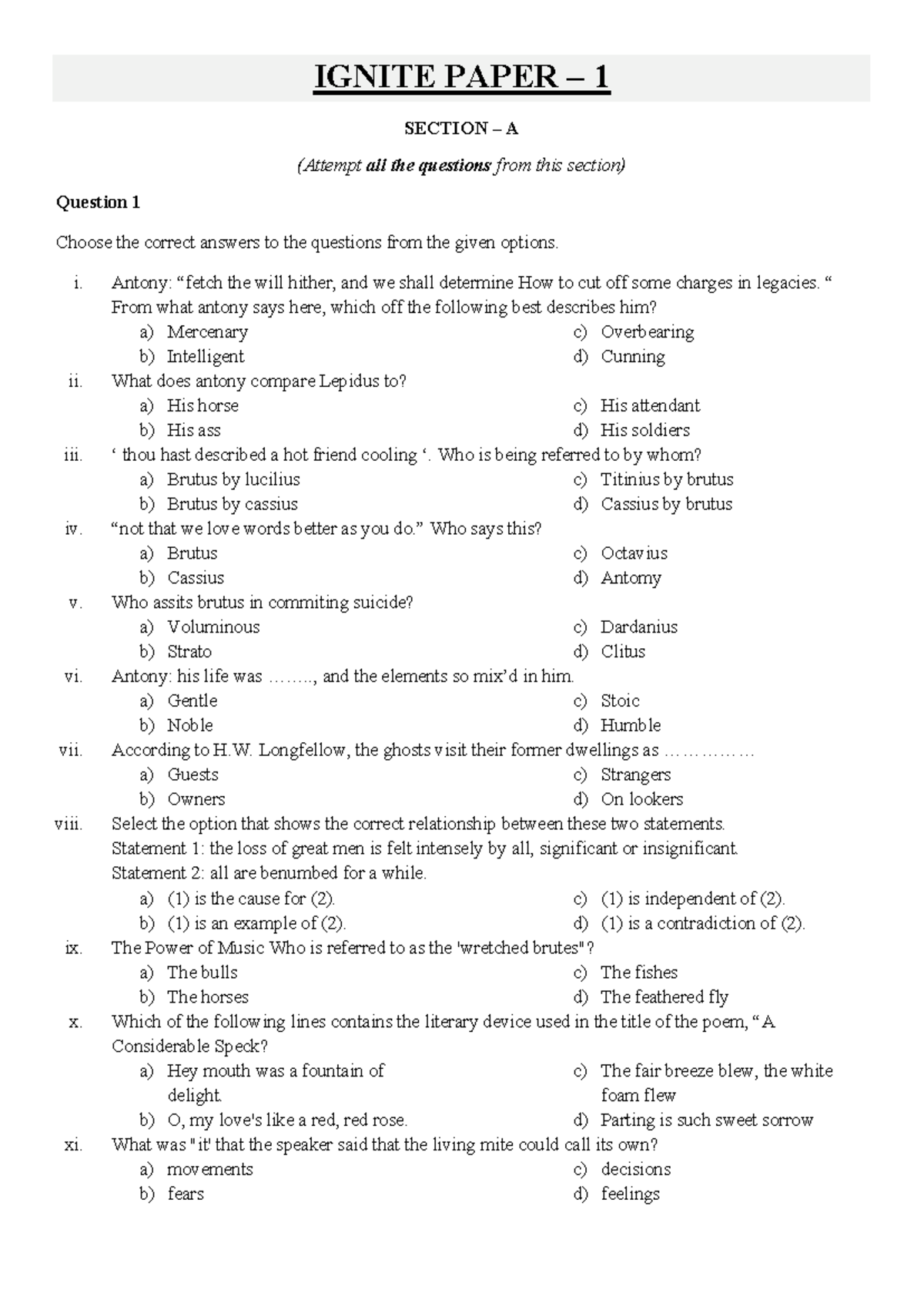 IGNITE PAPER 1 SECTION A - Literature Questions and Answers - Studocu