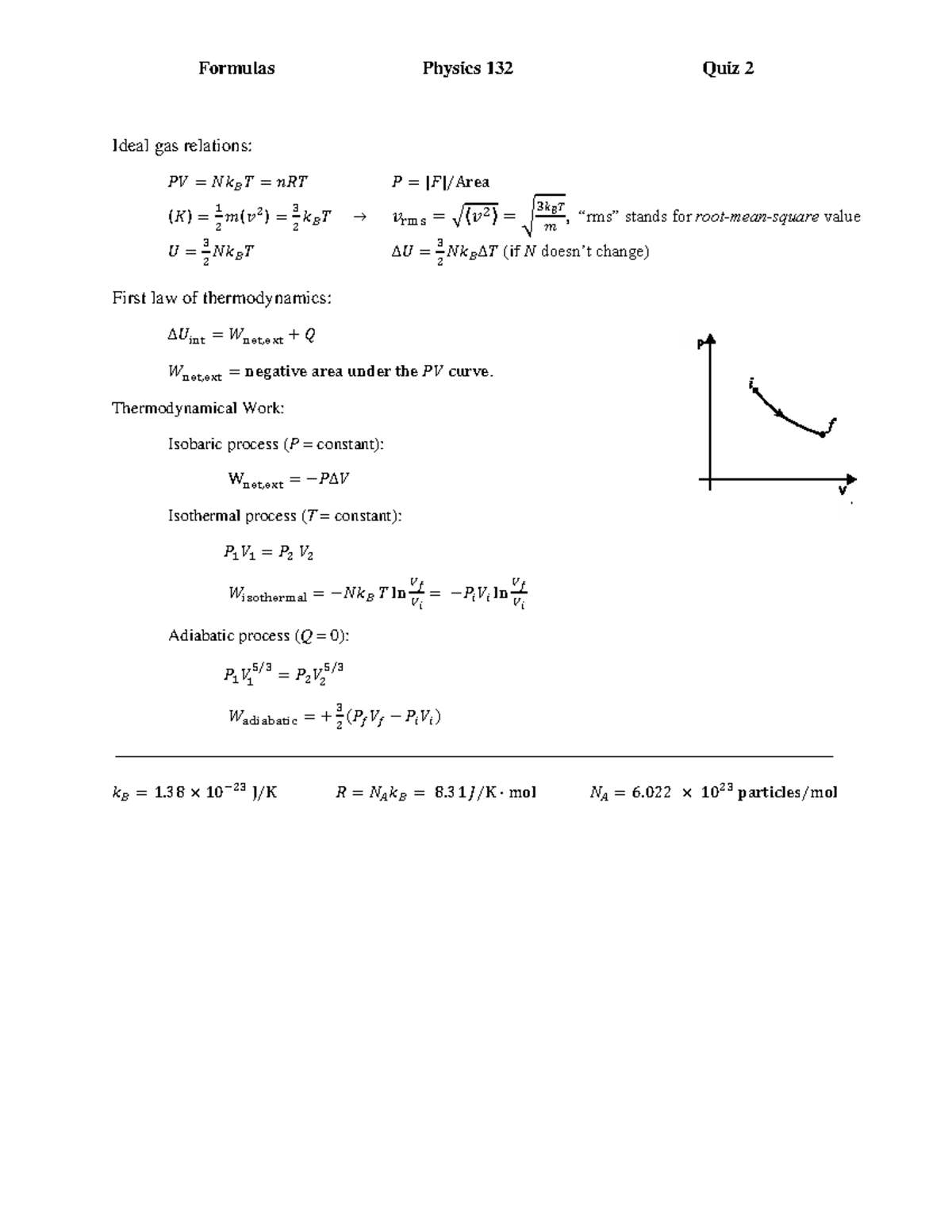 Physics 132 Quiz 2: Ideal Gas Relations & Thermodynamics Formulas - Studocu