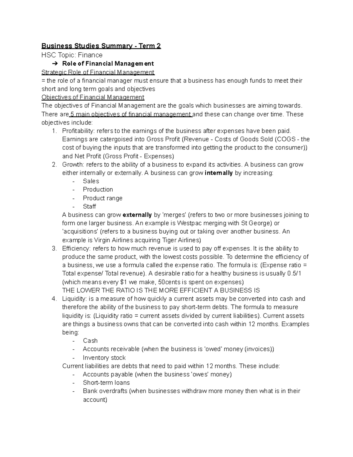 HSC Business Studies Summary: Finance & Financial Management Insights ...