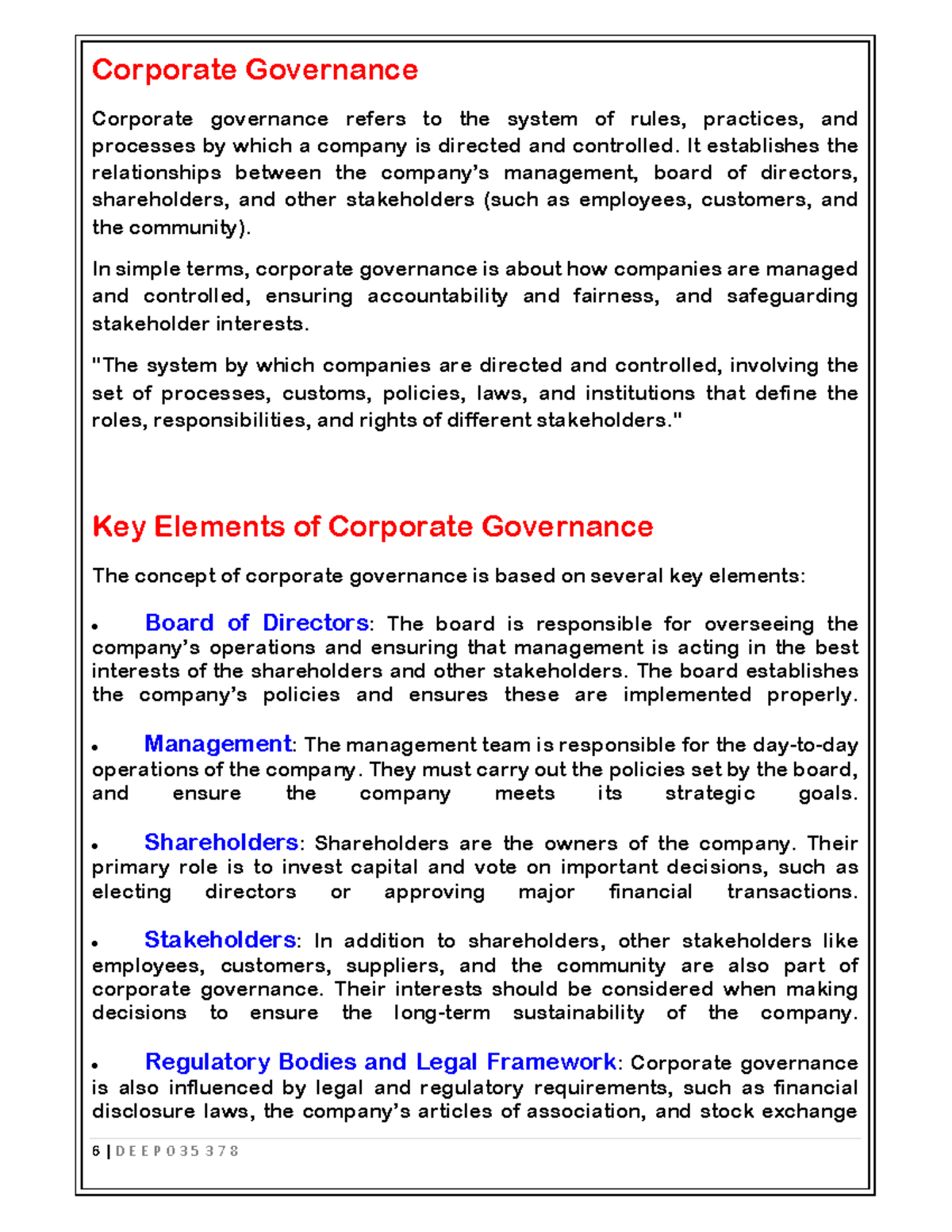 Corporate Governance Overview - Cg Notes - UNIT 1 - Studocu