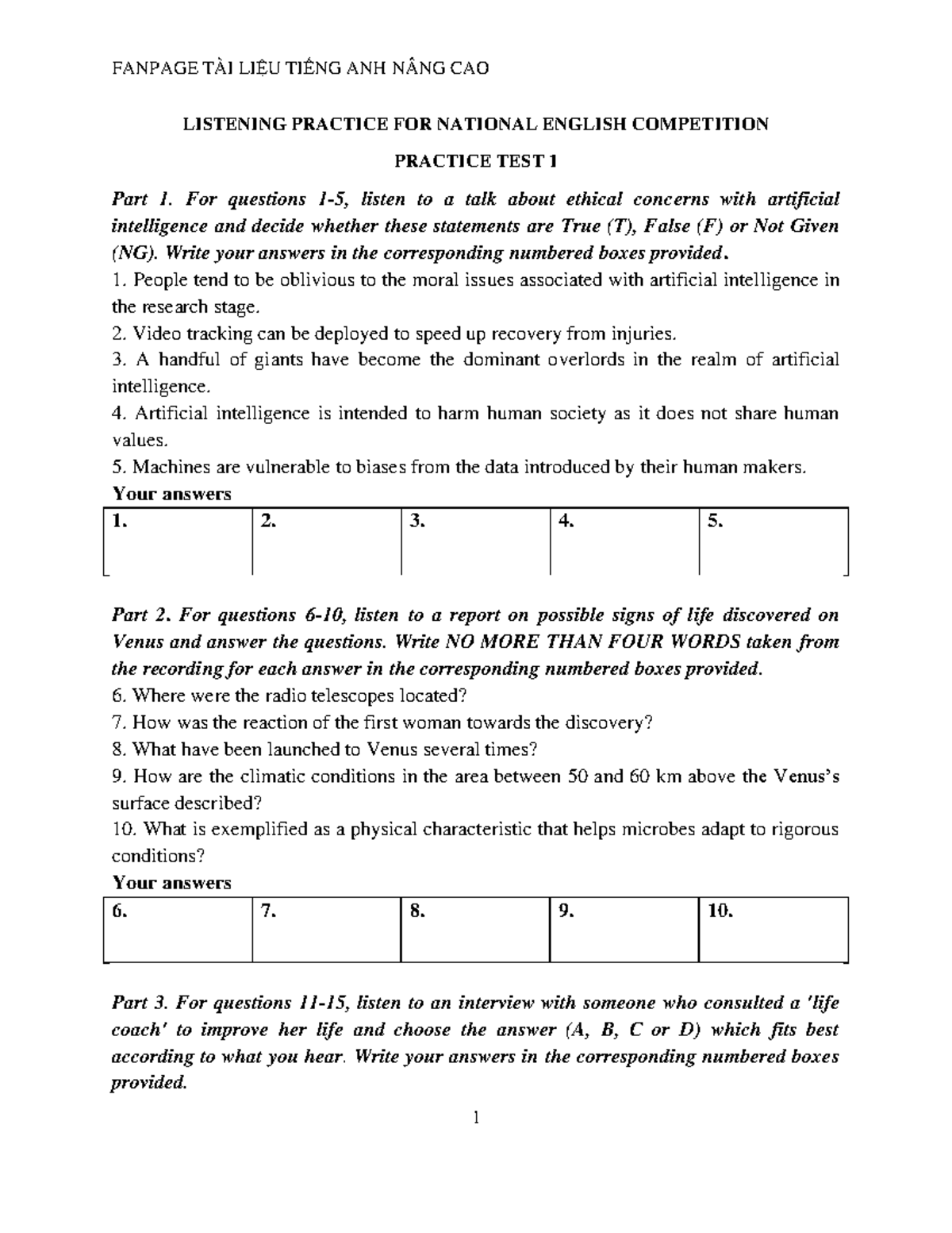 FANPAGE TÀI LIỆU TIẾNG ANH NÂNG CAO LISTENING PRACTICE TEST 1 - Studocu