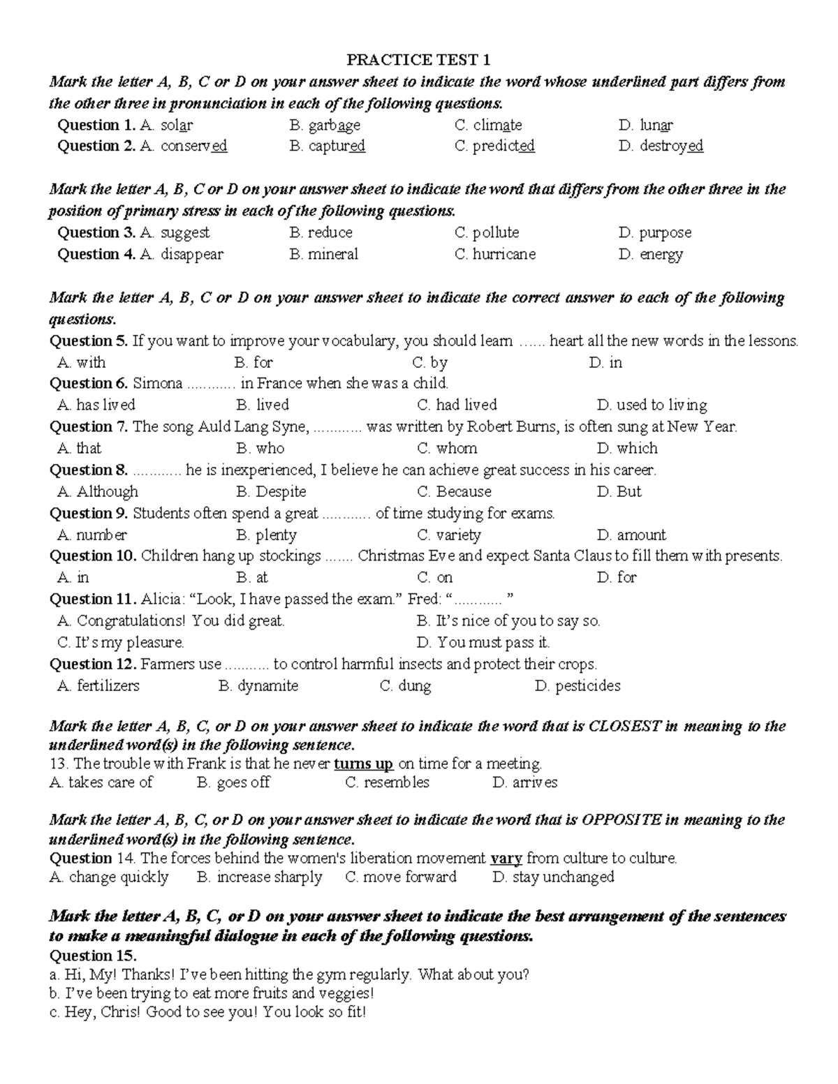 Practice Test 1: Pronunciation and Vocabulary Questions - Studocu