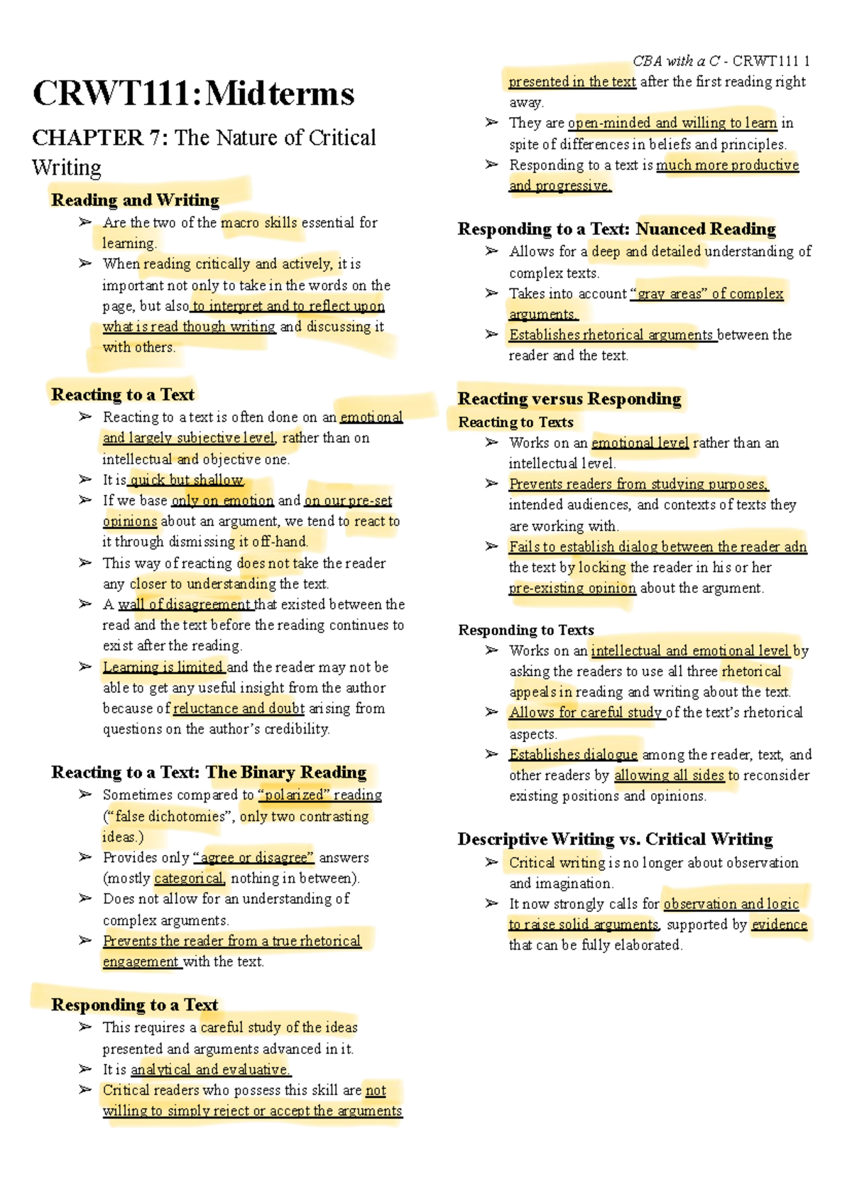 CRWT111 - Midterm Summary: Understanding Critical Writing Techniques ...
