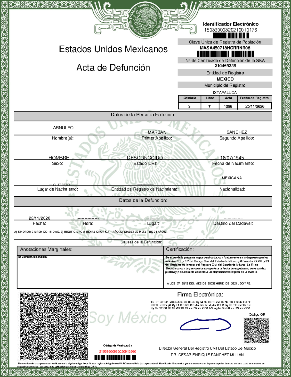 Acta de Defunci&oacute;n Certificada - MASA450718HGRRNR - M&eacute;xico - Studocu