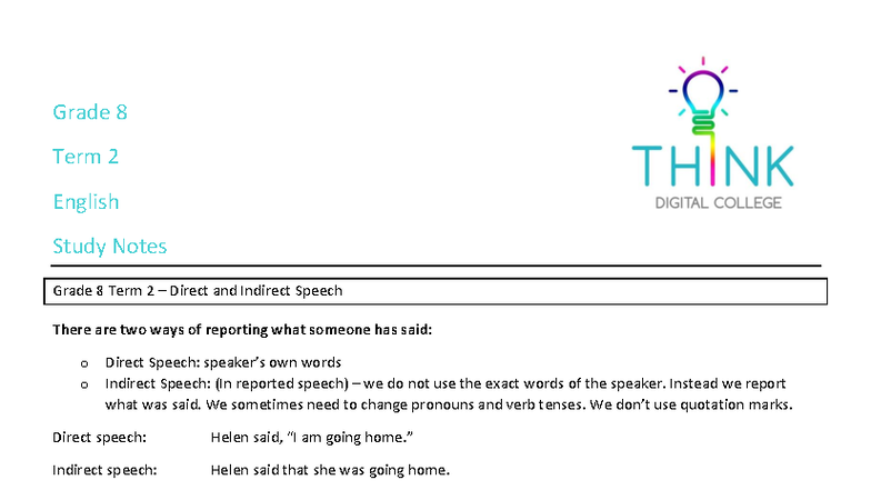 Grade 8 Term 2 English Study Notes: Direct & Indirect Speech Analysis ...