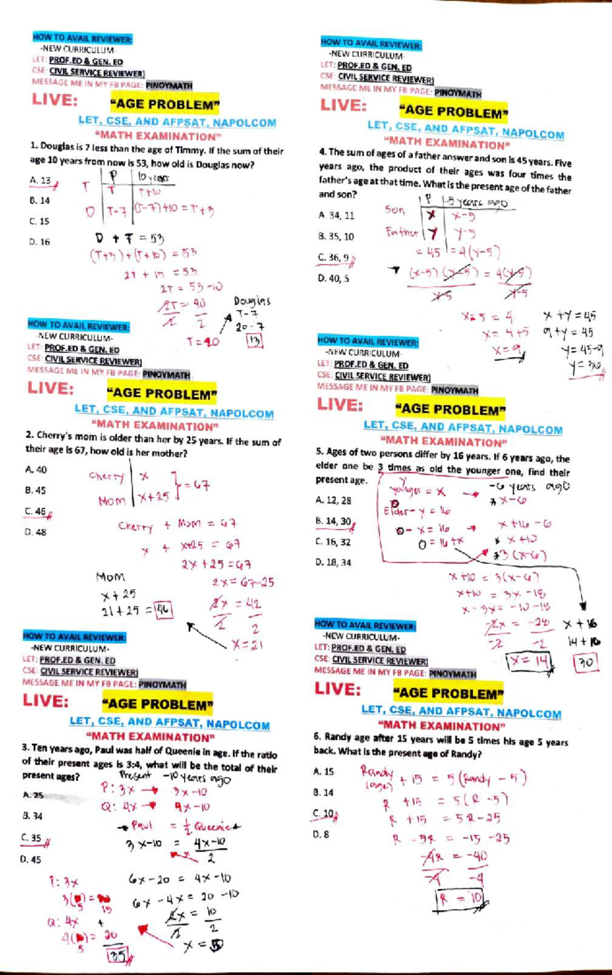 Curriculum Reviewer for LET, CSE, and AFPSAT: Age Problems - Studocu