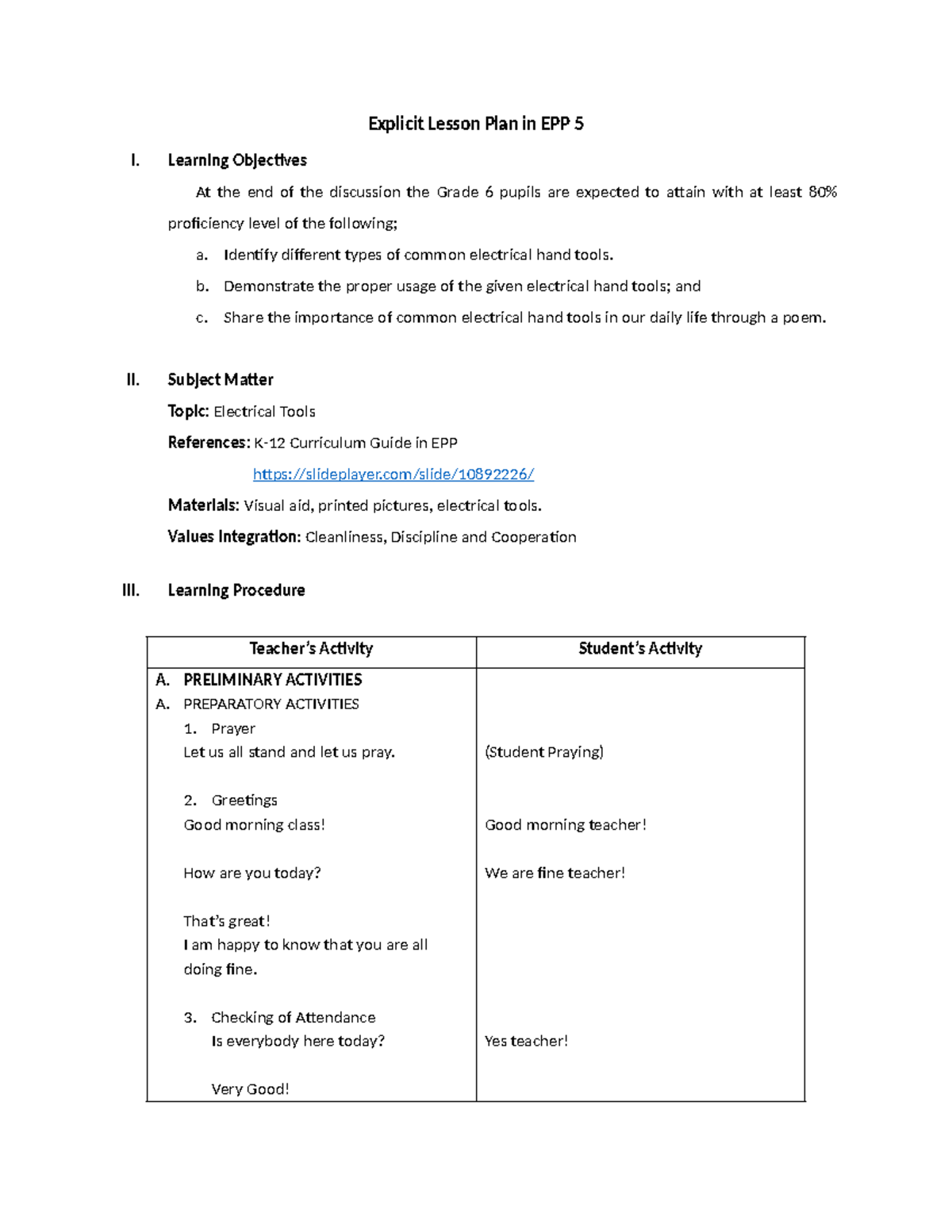Explicit Lesson Plan: EPP 5 - Electrical Tools & Recycling Waste - Studocu
